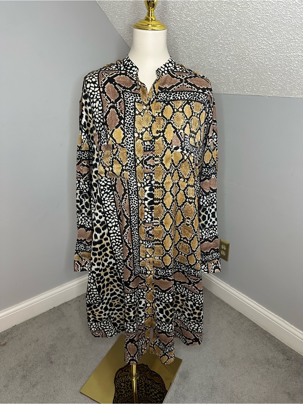 EUC JAYLEY Animal Print Silk Blend Sexy Flowy Shirt Dress Best Sz Large READ